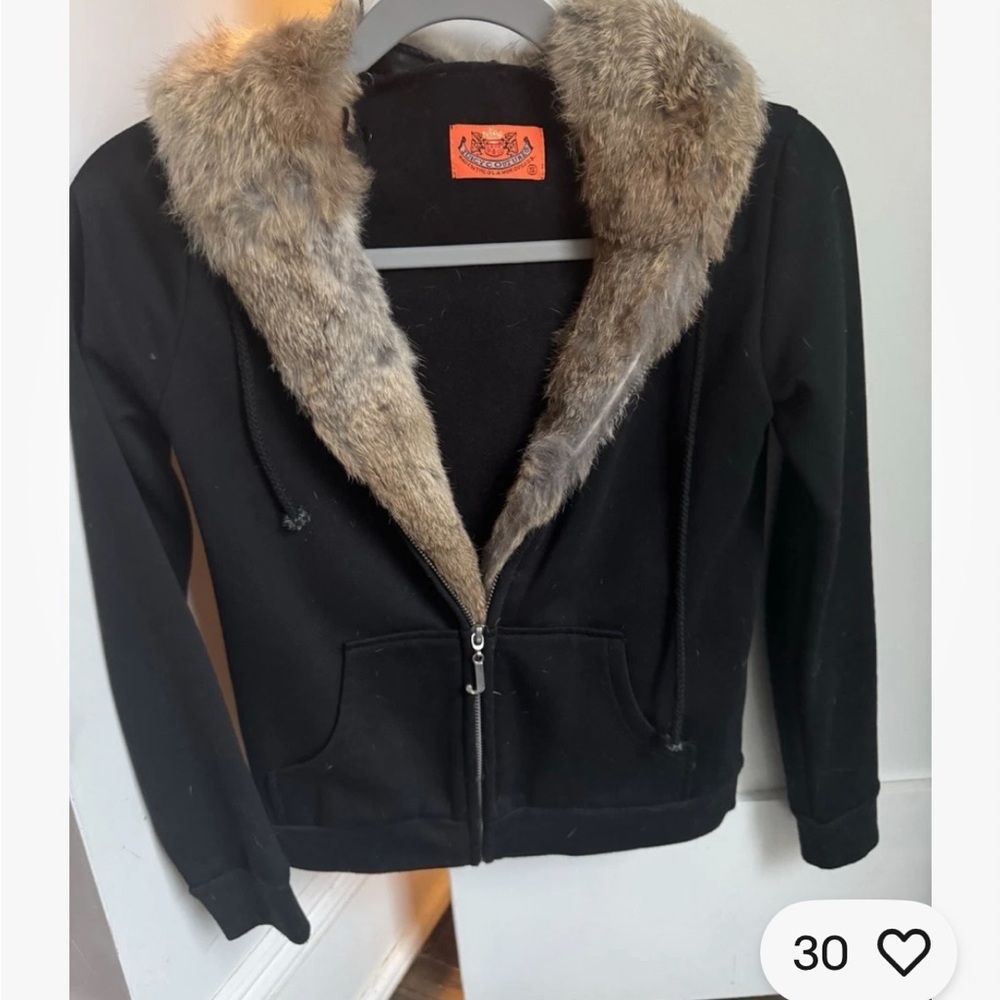 **ISO** Juicy Vintage Black Jacket with Rabbit Fur Trim - Women's Zip Hoodie